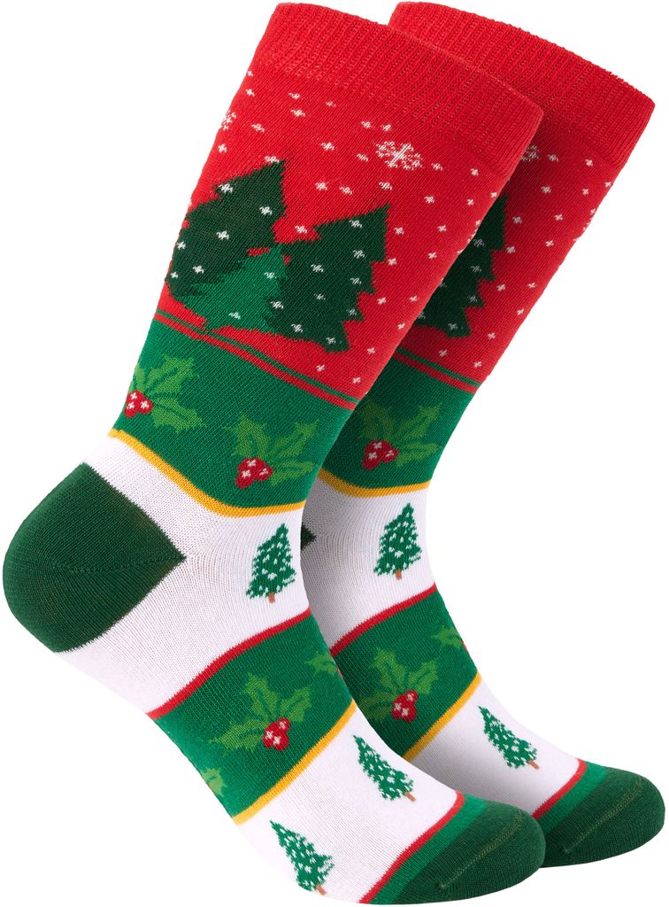 BRUBAKER Weihnachtssocken für Damen und Herren - Weihnachtsbaum Muster Rot/Grün - Weihnachtsgeschenk Baumwollsocken Weihnachten - Größe 41-45, ...