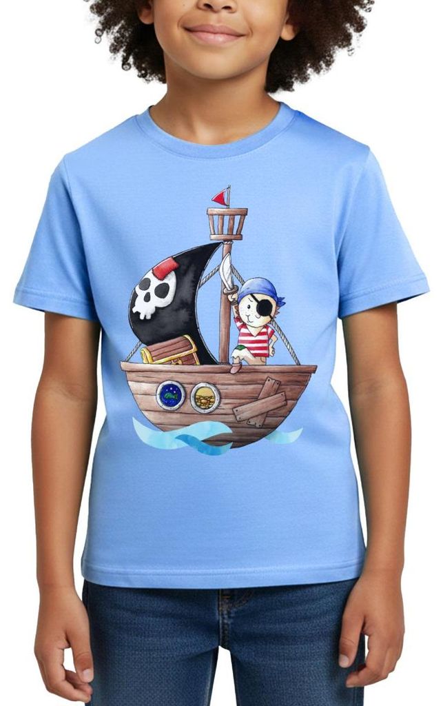 Spreadshirt Kleiner Pirat Mit Seinem Schiff Kinder T-Shirt, 110/116 (5-6 Jahre), Himmelblau