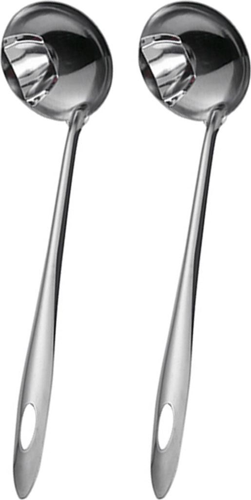 Two stainless steel ladles are shown against a white background.