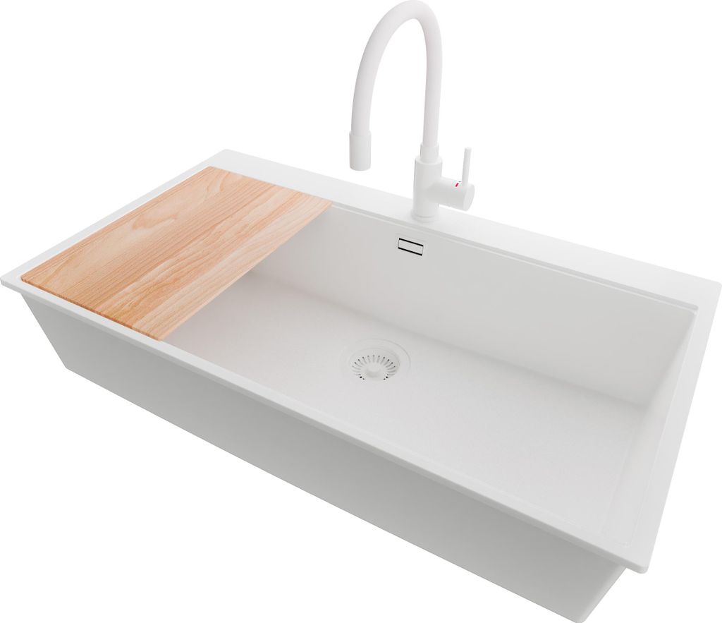 PRIMAGRAN Granitspüle Alles Weiß 88x50cm, Spülbecken 1 Becken + Küchenarmatur 38x14cm + Ablauf-Set + Schneidebrett, Küchenspüle ab 90er Unter...
