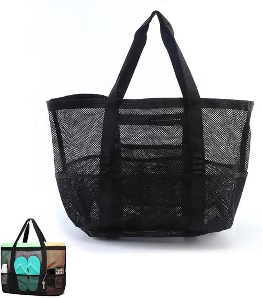 Sac à provisions léger en filet noir 58 cm avec 9 poches pratiques