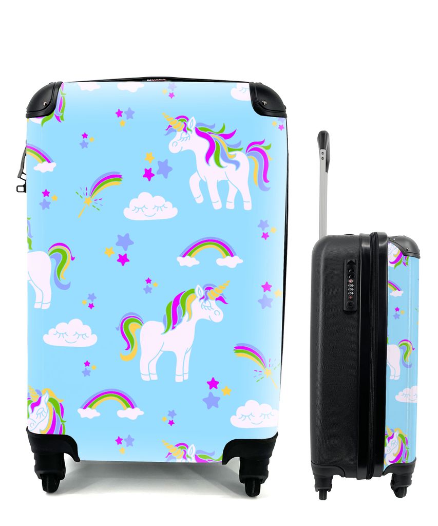 MuchoWow Koffer Handgepäck Trolley Rollkoffer Kleine Reisekoffer mit 4 Rollen - Einhorn - Regenbogen - Muster - Kind - Cabin Size < 55x40x23 cm ...
