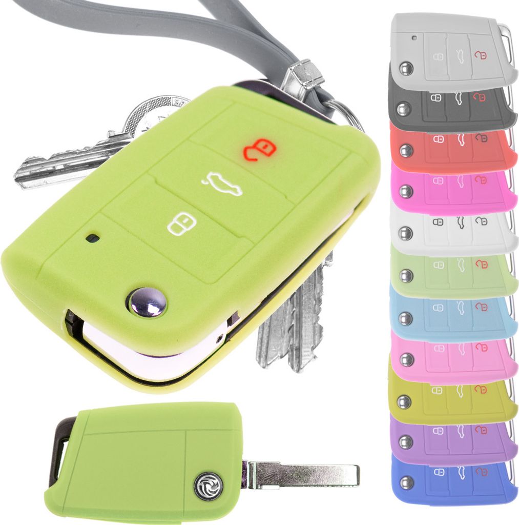 Auto Schlüssel Hülle Silikon Schutz Cover Fluoreszierend Grün kompatibel mit Golf 7 Polo 6C Seat Ateca Arona Leon Skoda Octavia Superb Kodiaq 3 ...