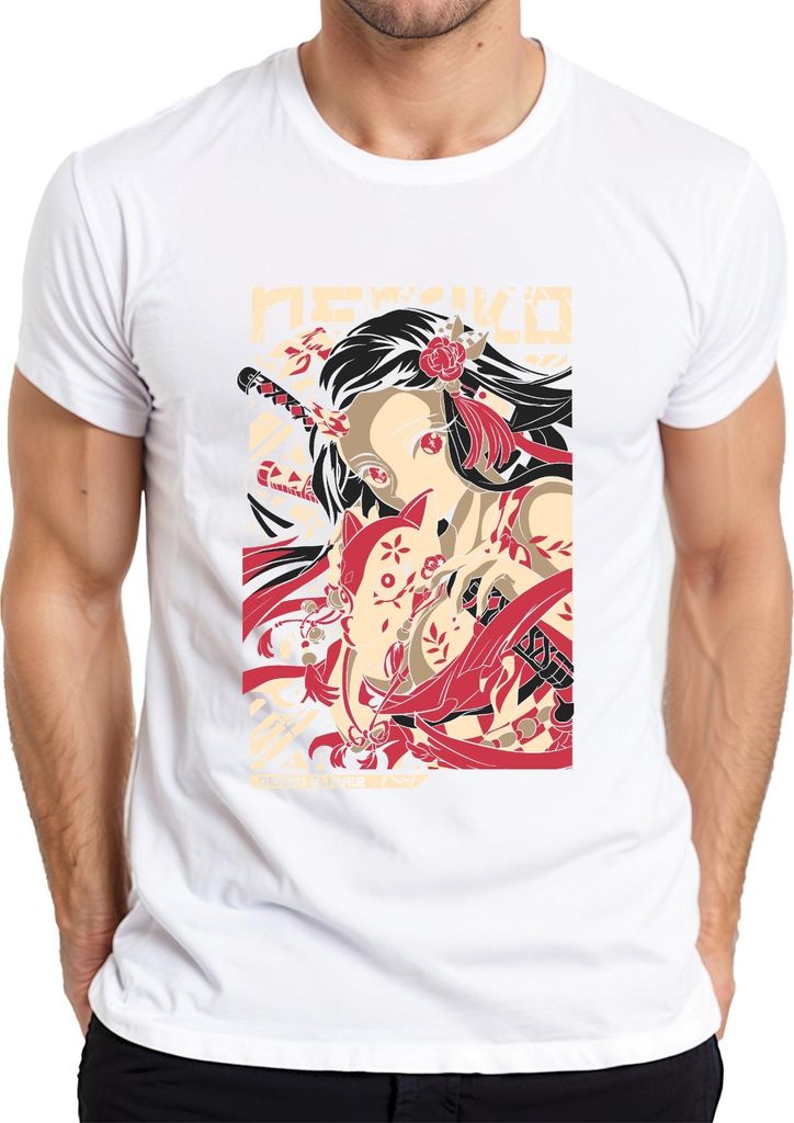 Demon Slayer Nezuko Kitsune Maske Anime Geschenk Japan Y2K Streetwear Manga Herren T-Shirt, Weiß, M