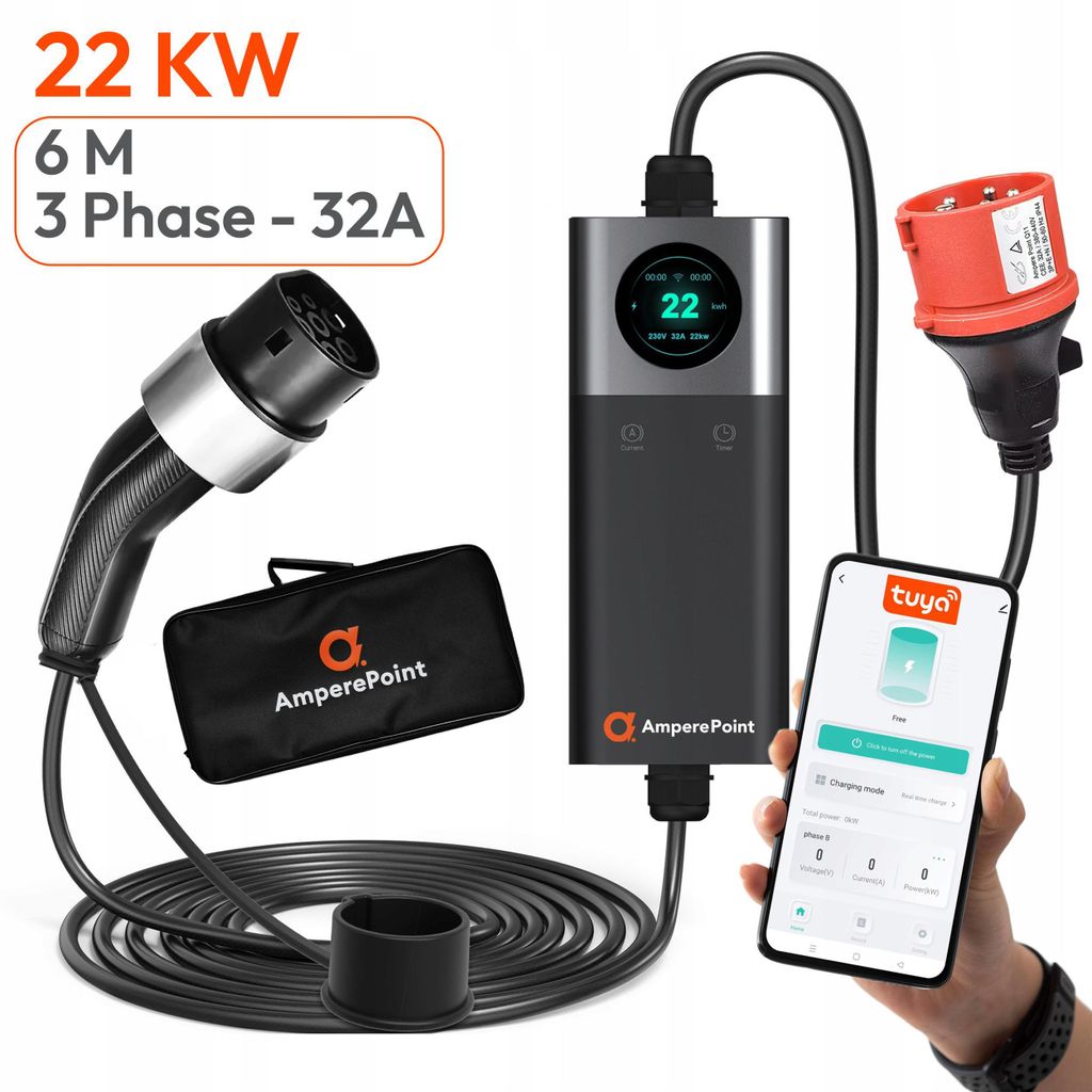 EV Ladekabel Typ 2 32A 22 kW EV-Ladegerät mit Schuko-Stecker, 6M, mobile Wallbox für Elektrofahrzeuge mit WIFI/APP Steuerung Einstellbarer Strom