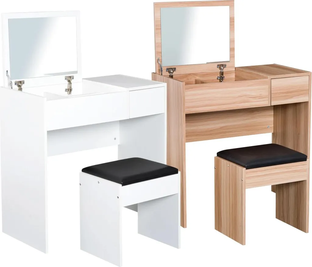 Coiffeuse en bois marron avec tabouret confortable et grands rangements - 4