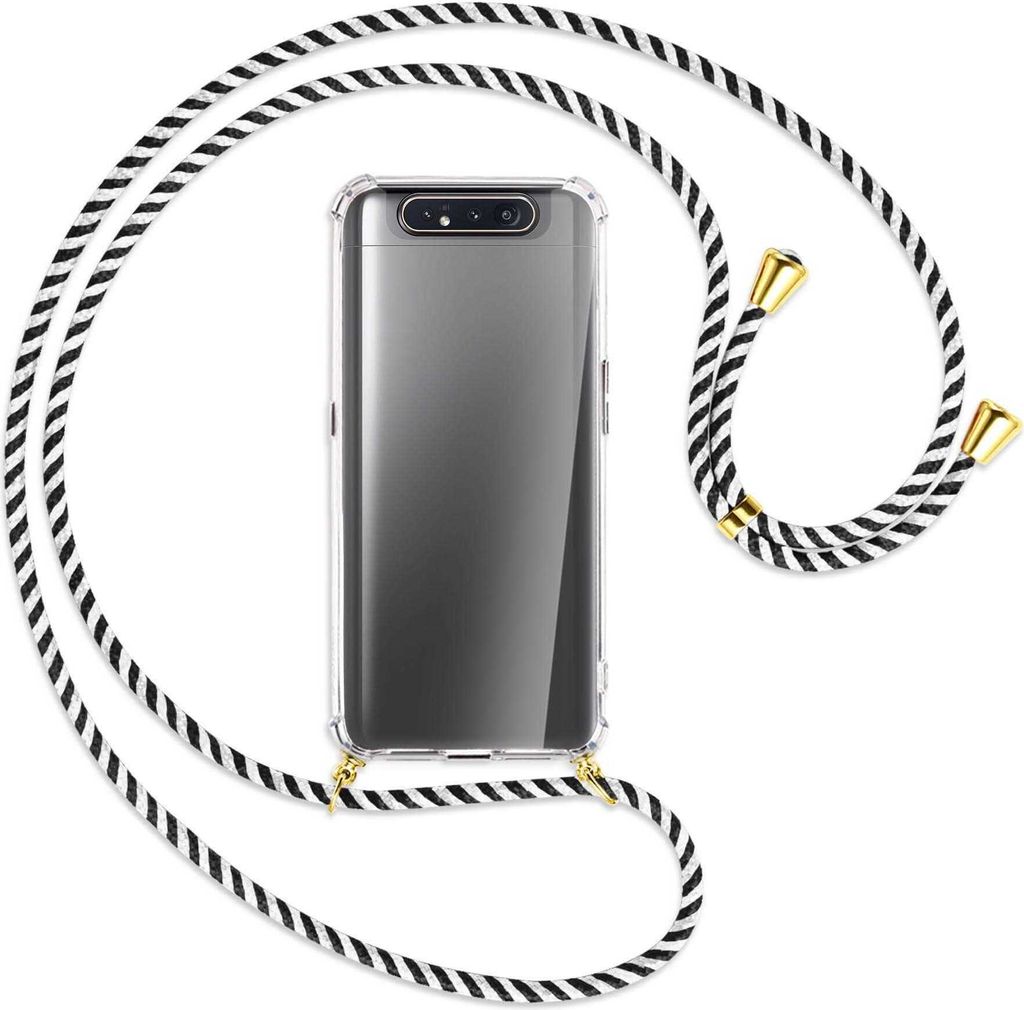 Handykette Backcover-Schutzhülle mit Band (Metall goldfarben) für Samsung Galaxy A80 - schwarz/weiß gestreift