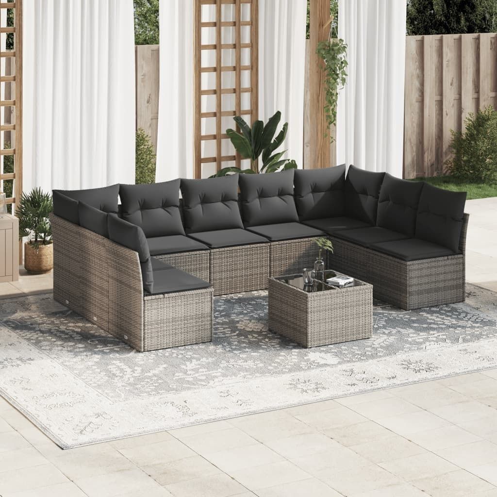 Schlichtes 10-tlg. Garten-Sofagarnitur,Lounge-Gartenmöbel, Gartensofa Set mit Kissen Grau Poly Rattan DE6315