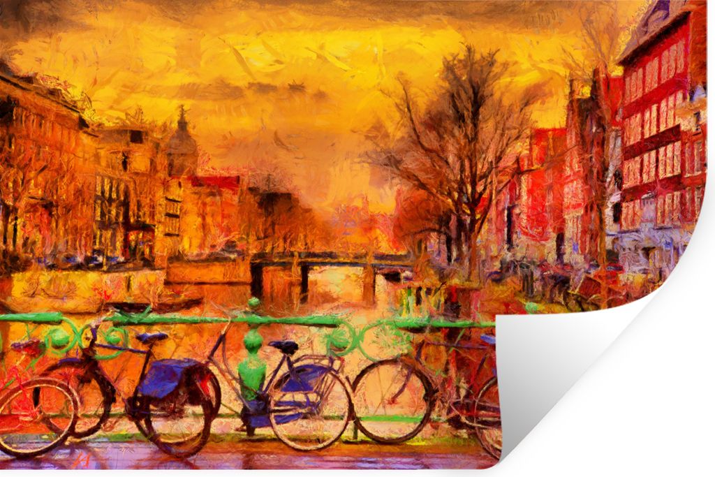 MuchoWow Wandtattoo Wandsticker Wandaufkleber Gemälde - Fahrrad - Amsterdam - Gracht - Öl 60x40 cm Selbstklebend und Repositionierbar - Wierder...