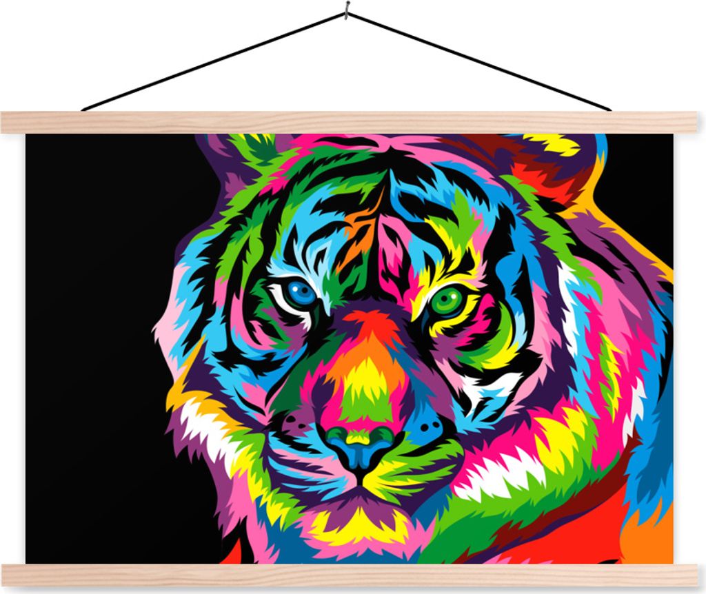 MuchoWow Textilposter Tiger - Kopf - Regenbogen 60x40 cm mit holzfarbenen Rahmen - Bilder