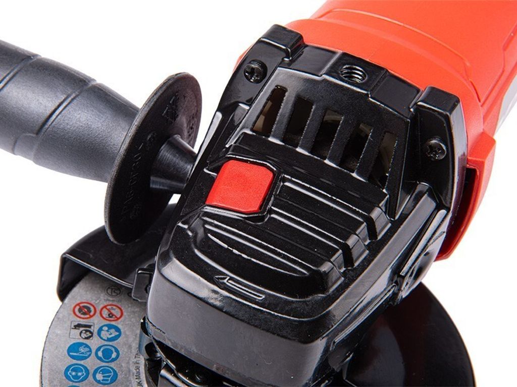 Close-up view of an angle grinder.