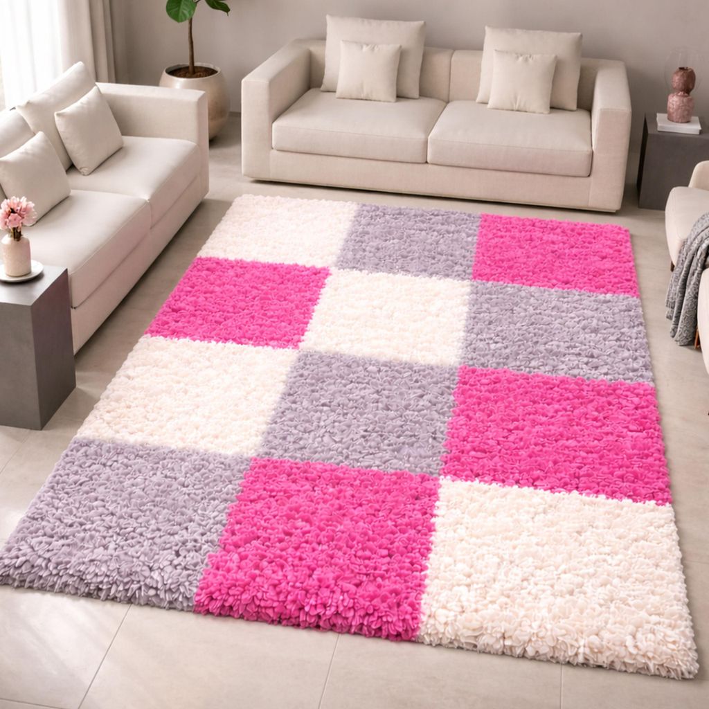 Shaggy Teppich in Karo Pink Grau Cream Größe - 140 x 200 cm