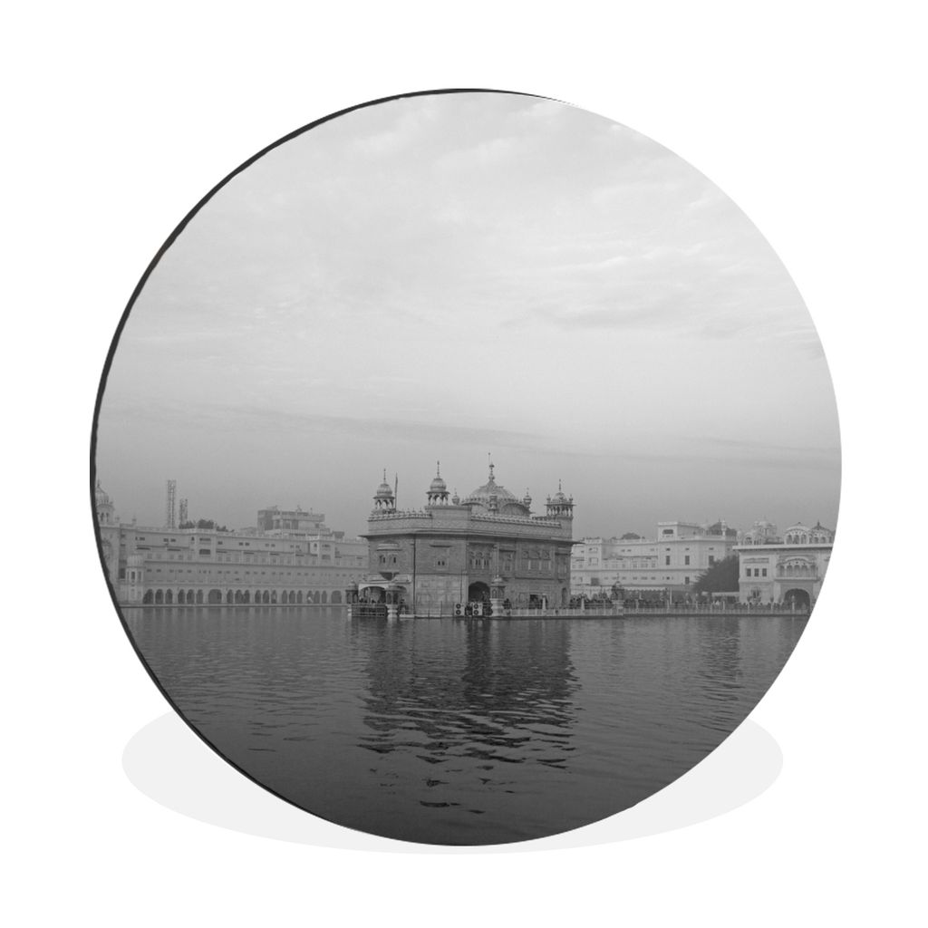 MuchoWow Aluminium Wandkreis Schwarz-Weiß-Bild des Goldenen Tempels in Amritsar am Morgen Ø 30 cm Wanddeko Modern Wohnzimmer - Wand Bild - Wohn...