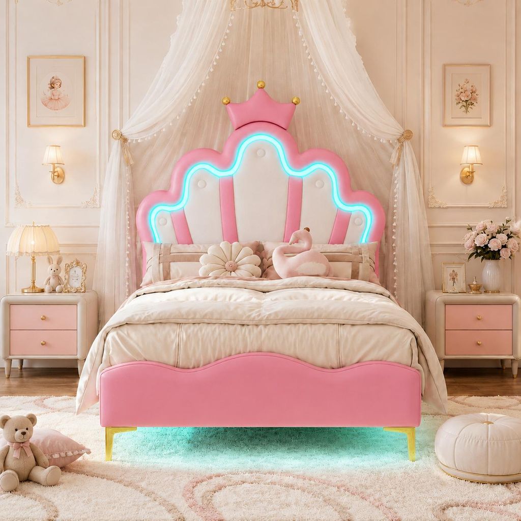 INONEFT Polsterbett Kinderbett 90x200cm, Prinzessin Bett Produktbild  KI-generiertes Bild