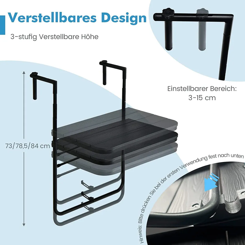 Table pliante de balcon suspendue et réglable en hauteur Anthracite - 3