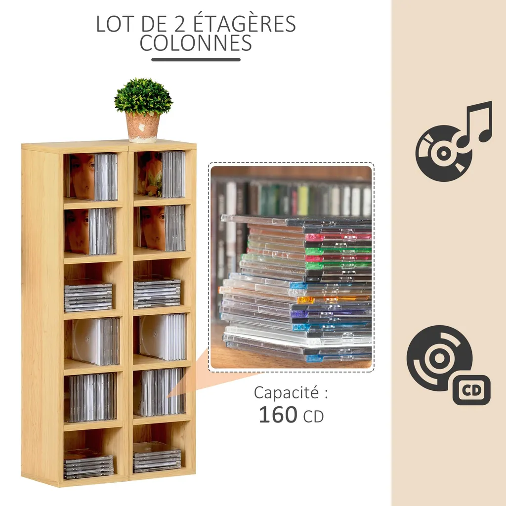 Étagère colonne CD DVD hêtre 12 compartiments - Capacité 160 CD compacte - 6