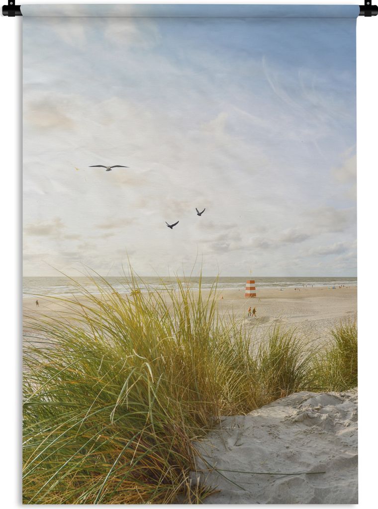 MuchoWow Wandteppich Wandbehang Strand - Meer - Vögel 90x135 cm Tapisserie Dekoration Wandtuch - Baumwolle - Wandskulptur