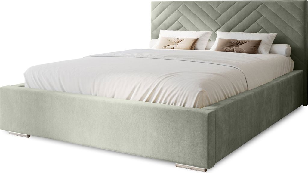 Polsterbett Aura 140x200 cm, Bett mit Kopfteil, Doppelbett mit Bettkasten und Lattenrost aus Holz, Velourstoff: Grau