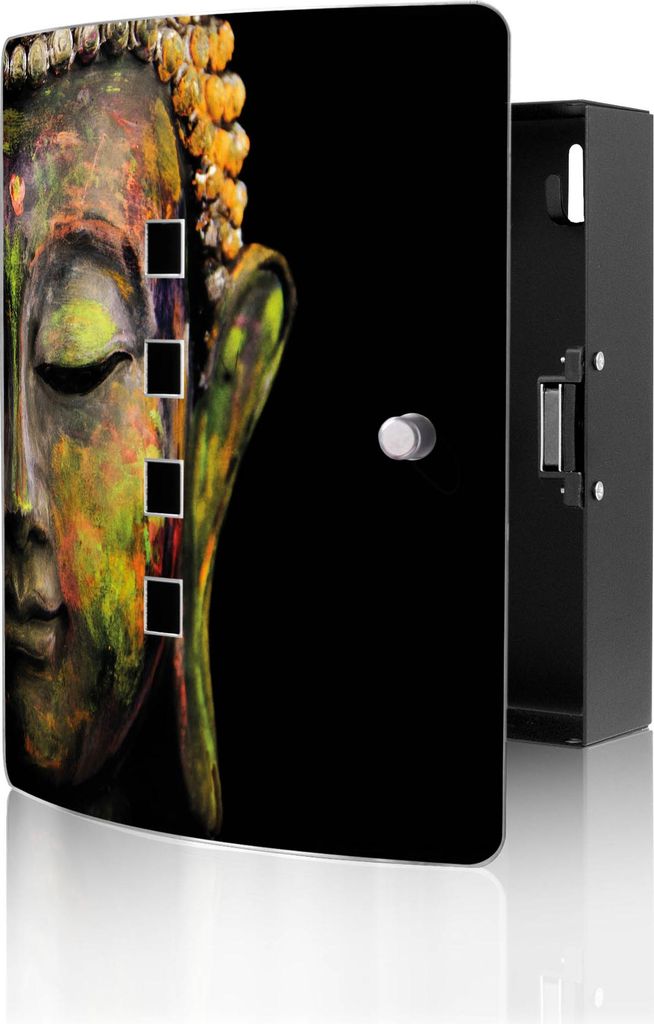 banjado Design Schlüsselkasten aus Edelstahl für 10 Schlüssel, Schlüsselschrank 24 x 21,5 x 7cm groß mit Magnetverschluss, Bunter Buddha [BWSK...