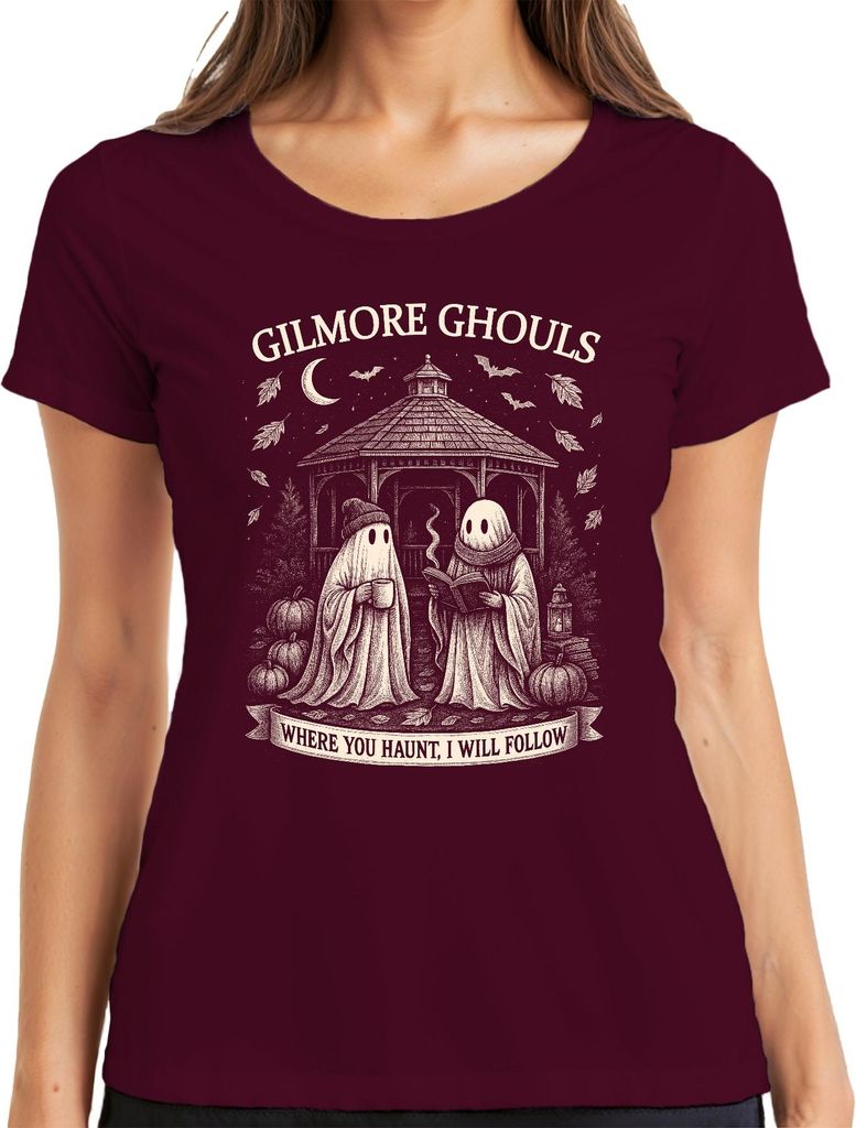 Gilmore Ghouls where you haunt I will follow Geister Halloween Kürbis Damen T-Shirt, Burgundy, M