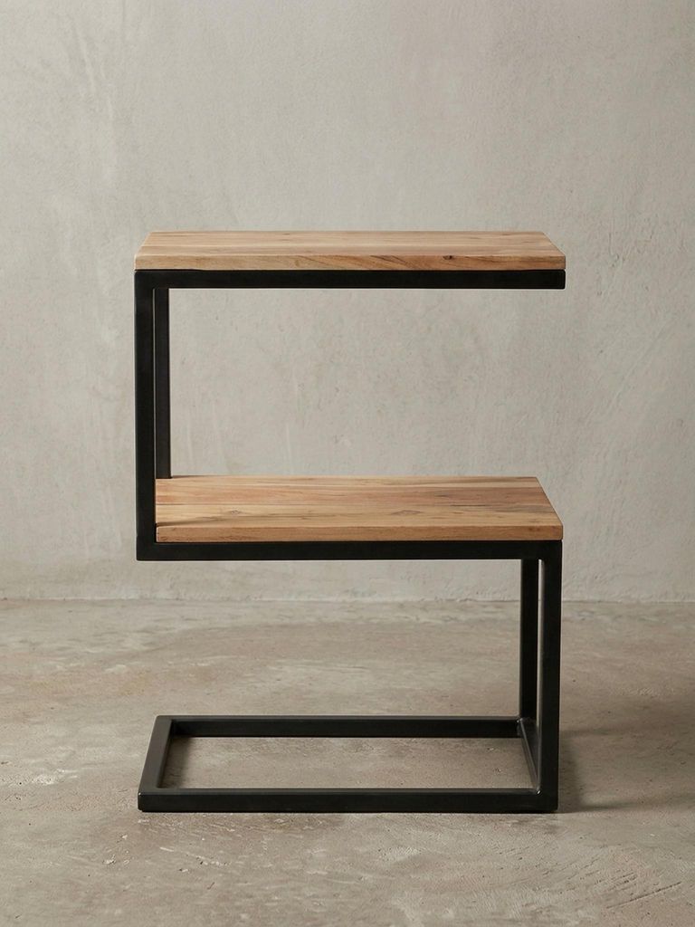 Beistelltisch Massivholz "Indi": S-Design, Schwarz/Metallgestell, 2 Ablageflächen. Beige, 45x30x60 cm | Kadima Design