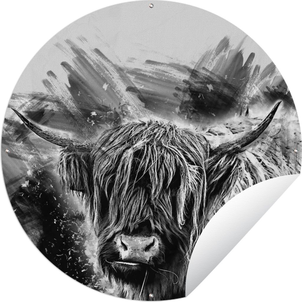 MuchoWow Gartenposter Outdoor-Poster Rund Scottish Highlander - Farbe - Schwarz - Weiß Ø 150 cm Gartendeko Rundes Poster draußen