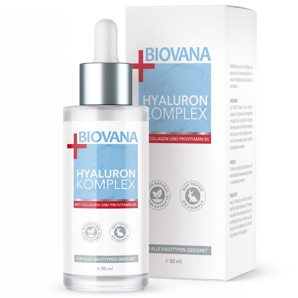 BIOVANA Hyaluron Serum Komplex mit Collagen zur täglichen Gesichtspflege (1 Flasche je 50 ml) – Serum Gesicht als Nachtpflege zur Regeneration