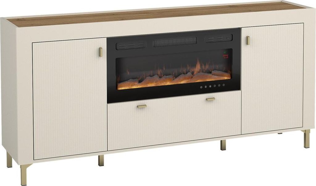 MIRJAN24 Sideboard Mossa 2D1S MO07 mit Kamin, Realistische LED-Flamme, Stilvoll Kollektion, Elegant Wohnzimmer (Farbe: Cashmere / Cashmere + Eiche ...