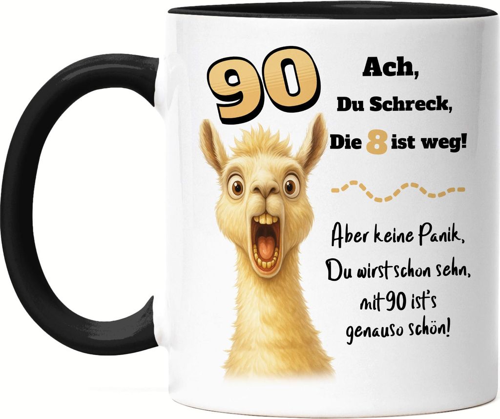 Ach du Schreck Lama Tasse Schwarz Lustiges Geschenk 90 Geburtstag Party Spaß Frauen Männer