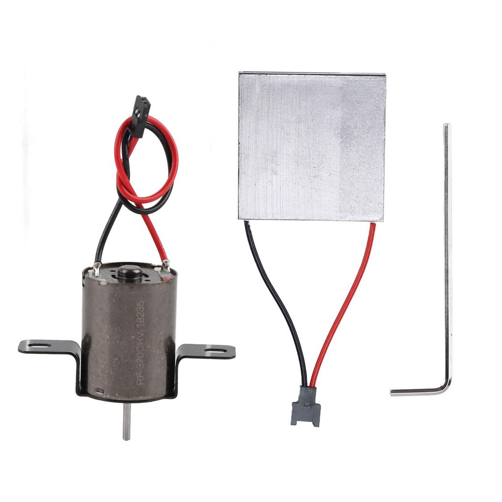 A small electric motor, a thermoelectric cooler, and an Allen wrench are laid out on a white background.