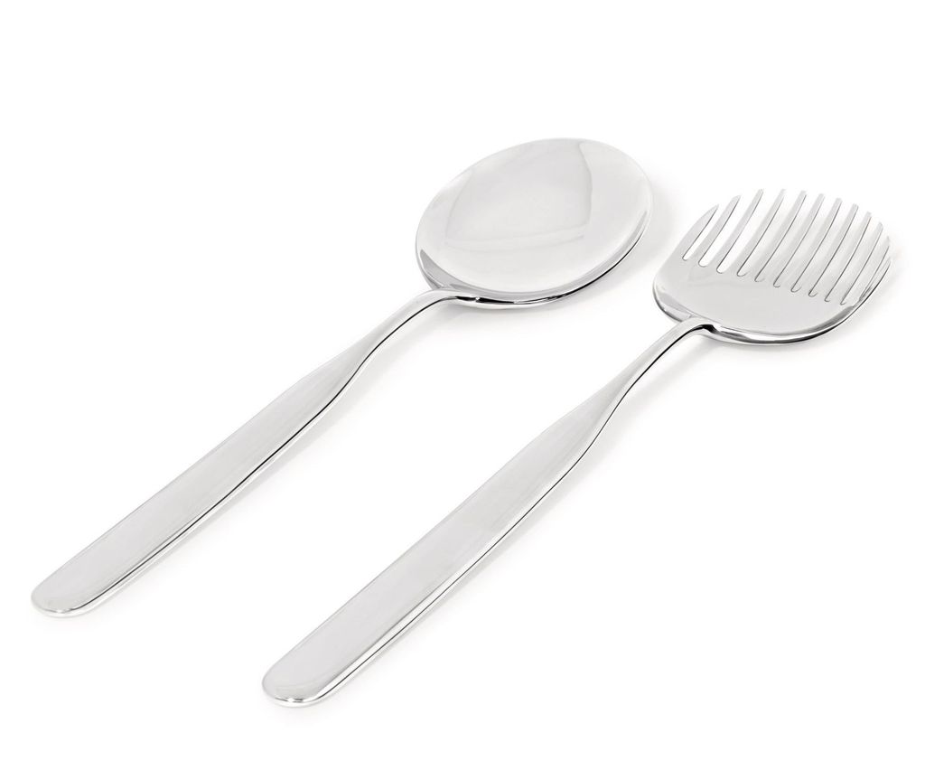 A set of two stainless steel salad servers, one spoon and one fork-like server, are displayed against a white background.