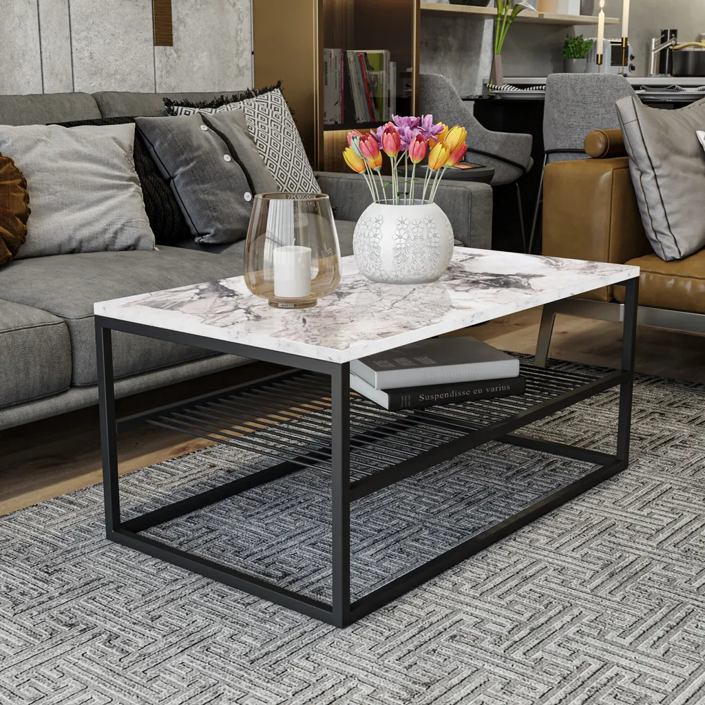 Table basse rectangulaire blanche Asude 95cm, meuble de salon design