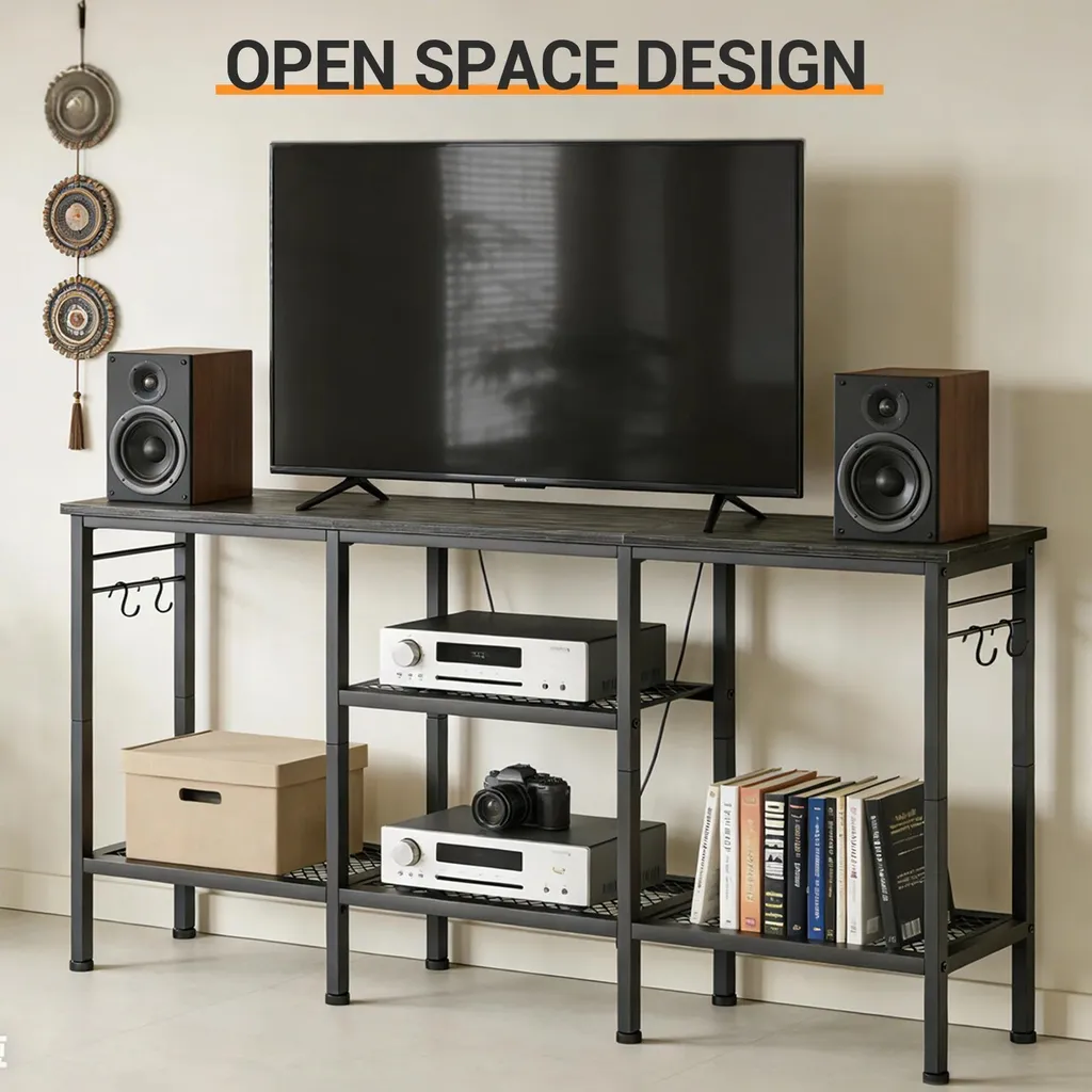 Meuble TV avec support barre de son intégré et structure métallique robuste