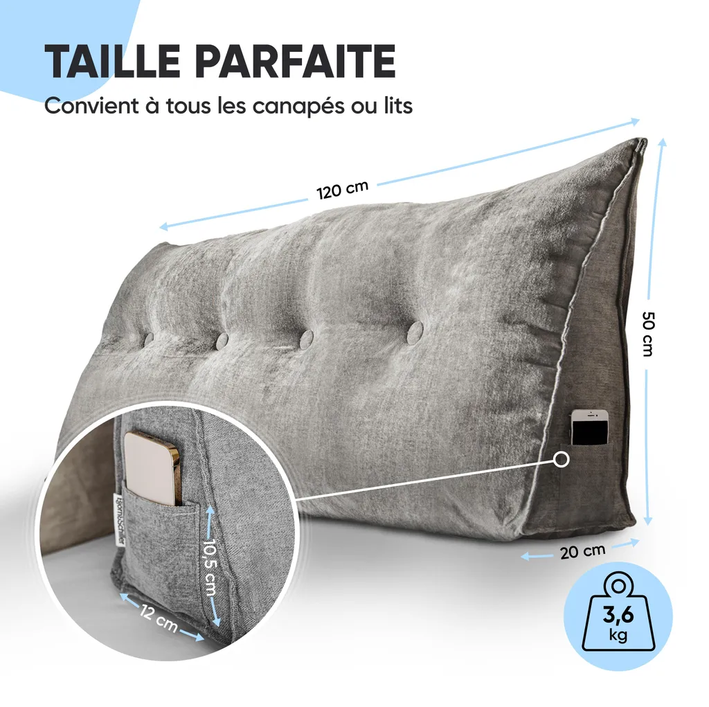 Coussin de Dossier pour Lire au Lit Confortablement - Format Large 120 cm