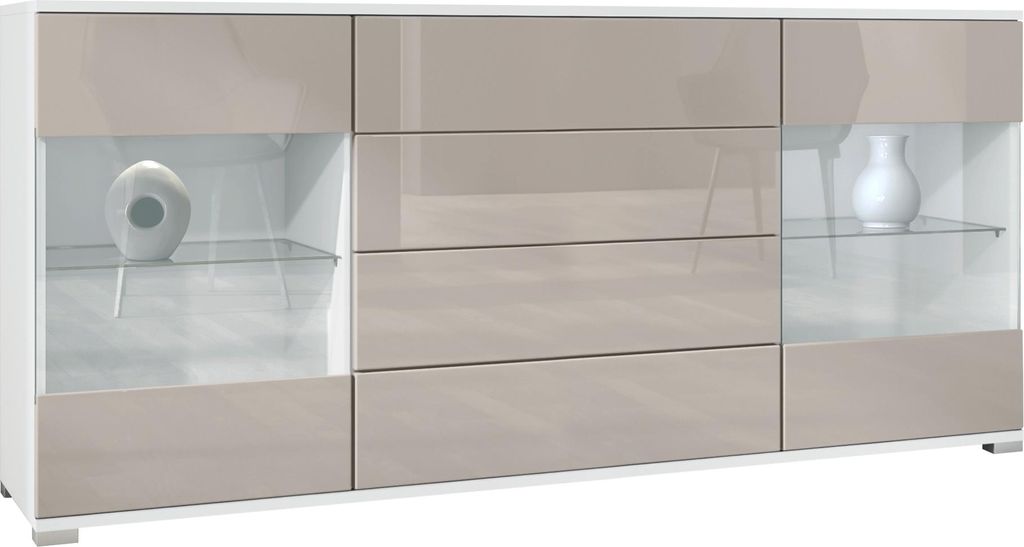 Vladon Sideboard Bari V2, Kommode mit 2 großen Türen und 4 Schubladen, Weiß matt/Sandgrau Hochglanz (166,5 x 75,5 x 35)