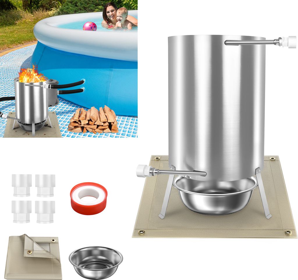 UISEBRT Poolheizung Feuertonne 30x52x40 cm Silber Edelstahl mit Feuer, Anschluss 32/38 mm, Ascheschale & Feuerschutzmatte, Brennholz Pool Heizung 12 L