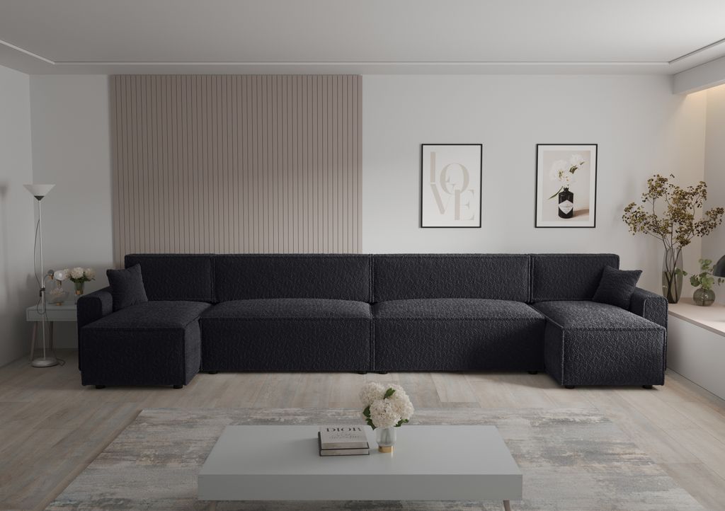 Ecksofa Alvito 2xU BIS, Farbe: Schwarz. Material: Bouclé. A: B: 424 cm,H: 85 cm,Tiefe: 105 cm, Eckcouch, Schlafcouch, Sofa bed, Schlafsofa