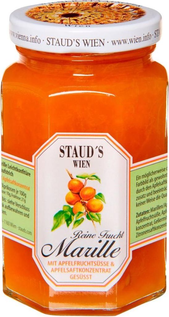 Marillenkonfitüre ohne Zucker mit Apfelsaft gesüßt, Fruchtaufstrich Aprikose, 250 g, Staud's Wien, Österreich