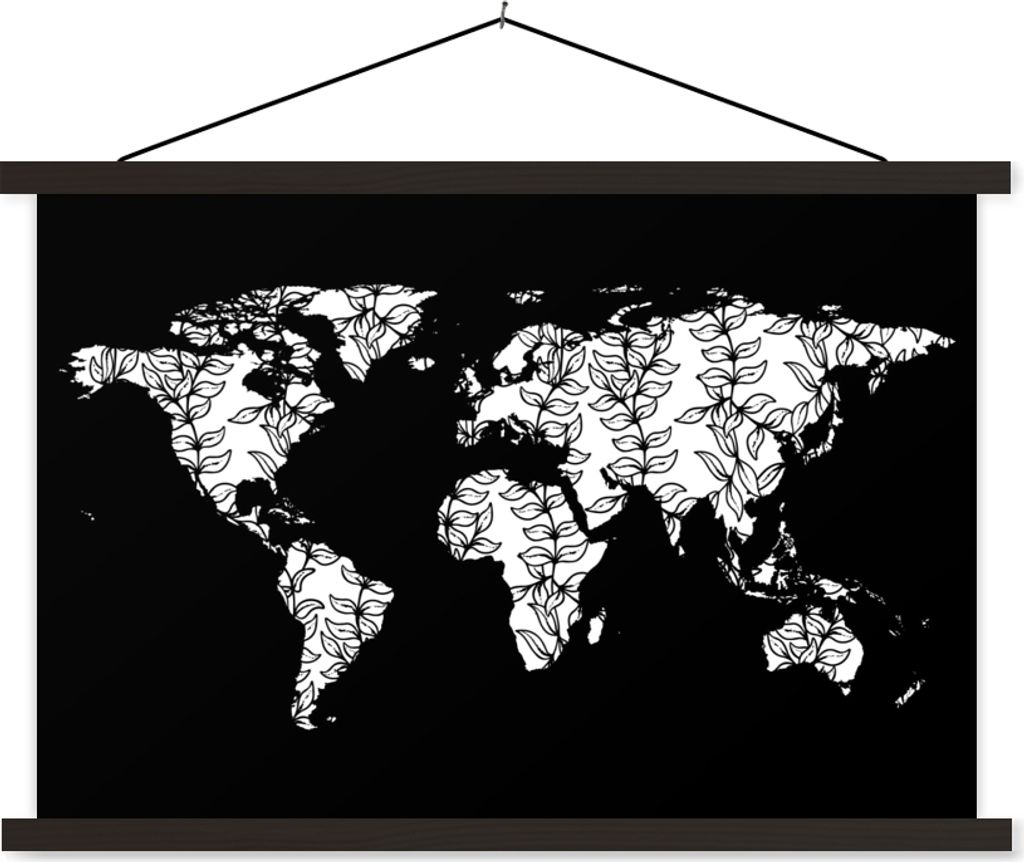 MuchoWow Textilposter Weltkarte - Schwarz - Weiß - Blätter 90x60 cm mit schwarzem Rahmen - Aufhängungssatz