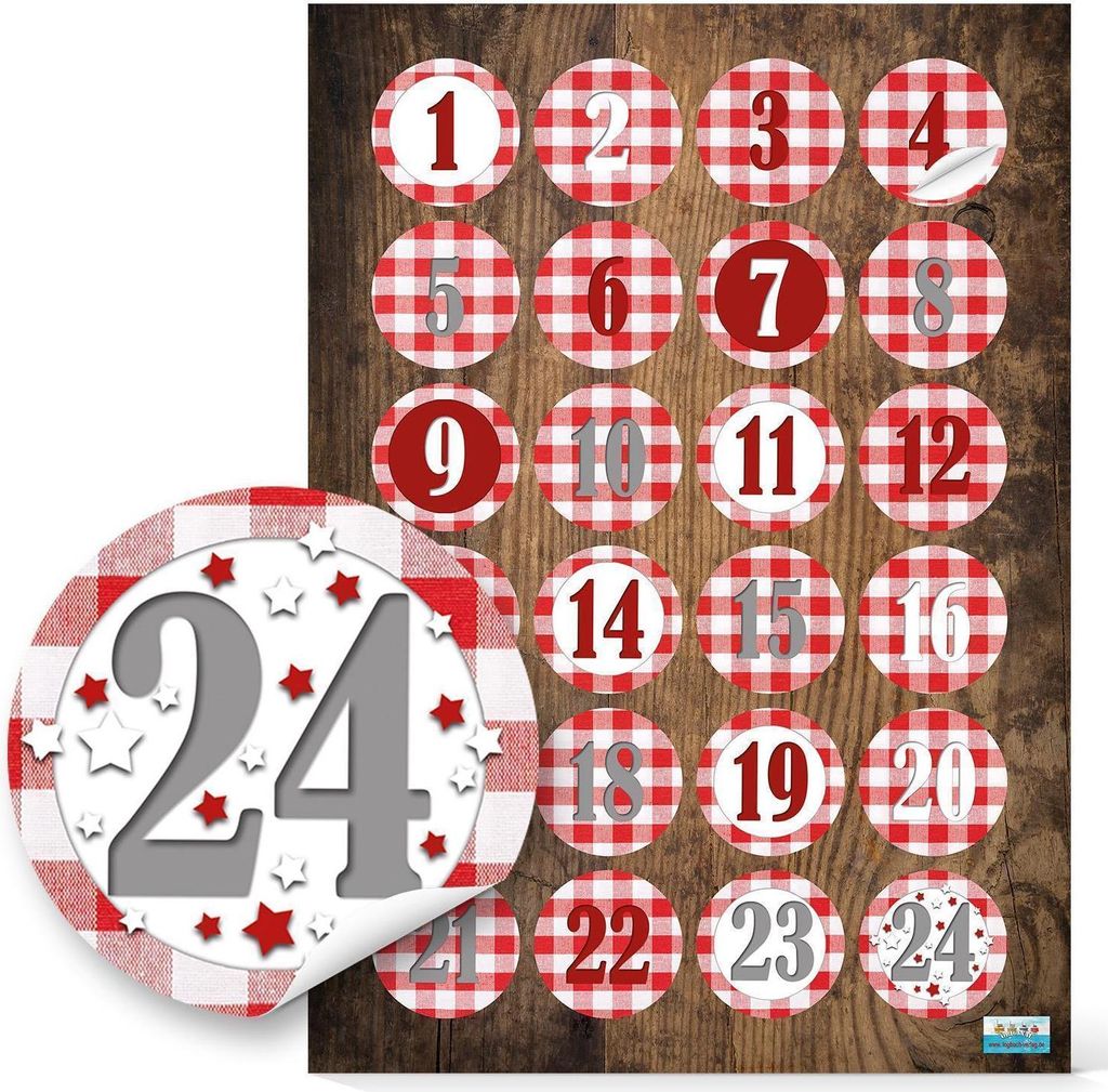 Adventskalenderzahlen Aufkleber rund 4 cm rot weiß kariert mit Zahlen 1–24