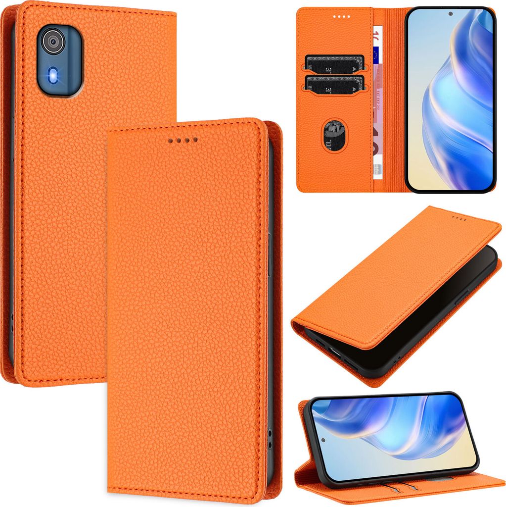 Litchi Leder Handyhülle für Nokia C02 Wallet Kartenfächer Standfunktion Hülle Orange