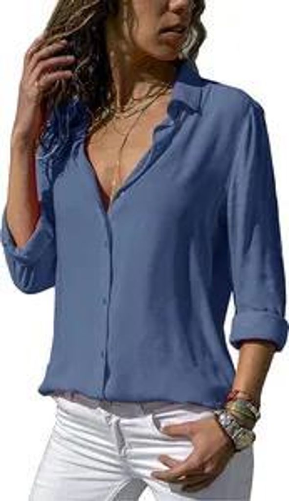 ASKSA Damen Bluse Chiffon Elegant Langarm Oberteile Einfarbig V-Ausschnitt Lose Hemdbluse, Blau, M