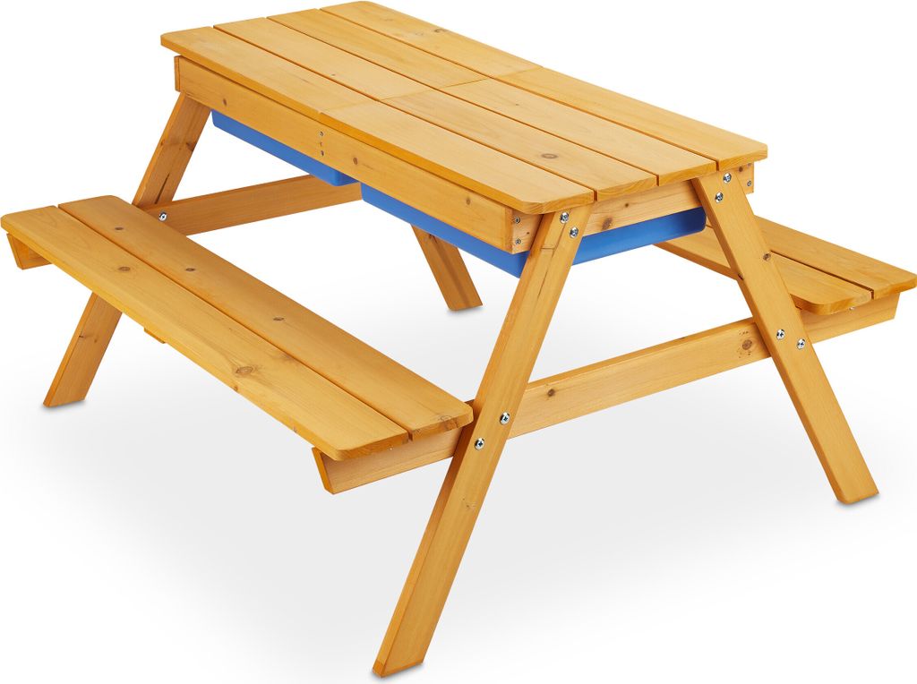 COSTWAY Table de Pique-Nique Enfants avec Parasol Réglable & 3 Bacs Amovible, Table de Jardin Extérieur en Sapin pour Sable et Eau, Charge 100k