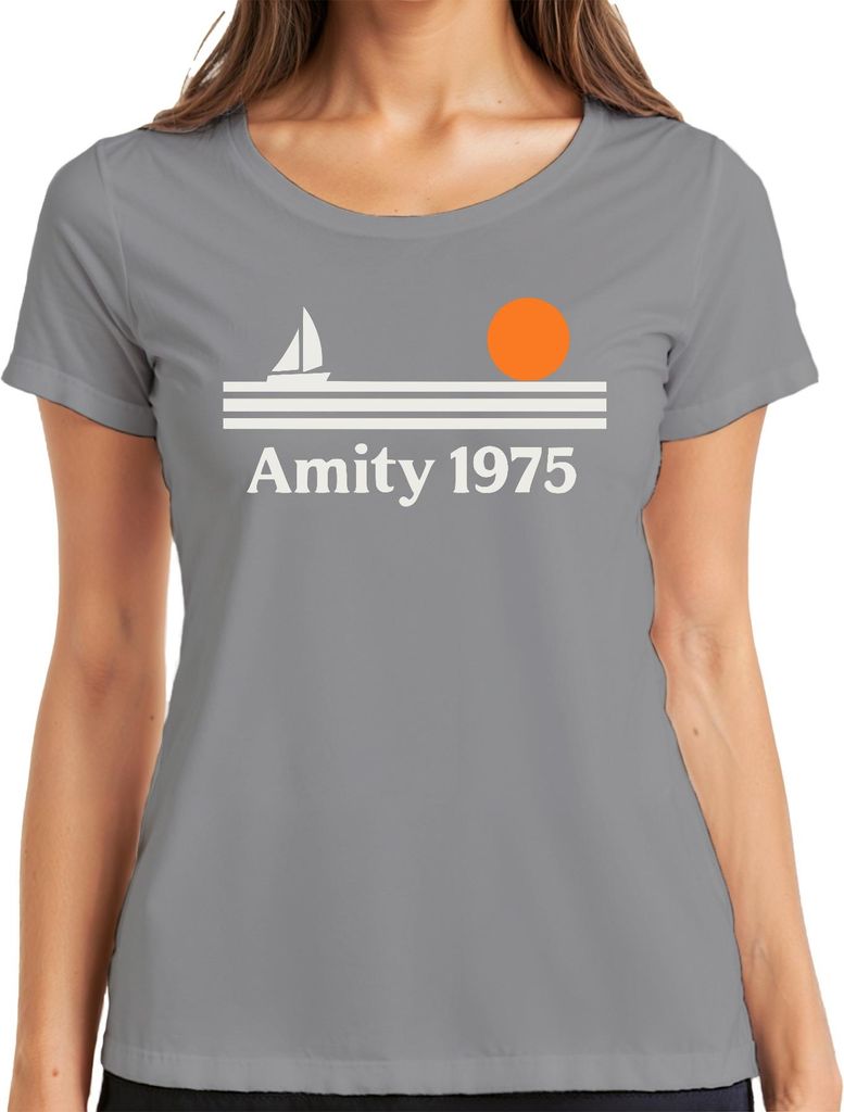 Amity 1975 Segelboot Sonnenuntergang Retro Maritim Strand Insel Damen T-Shirt, Grau, XL