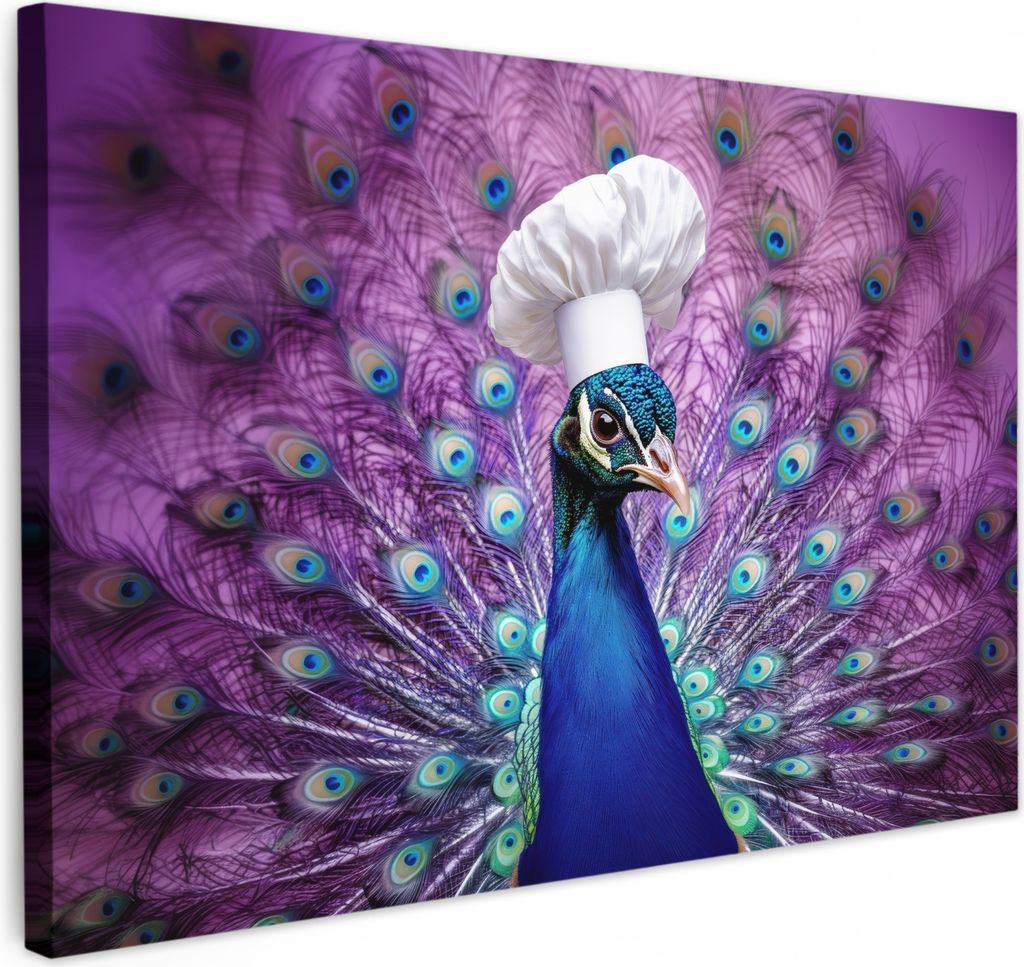 Leinwand Bilder 30x20 cm - Vogel - Kochmütze - Pfau - Lila, Leinwand Bilder, Wanddeko, Gemälde