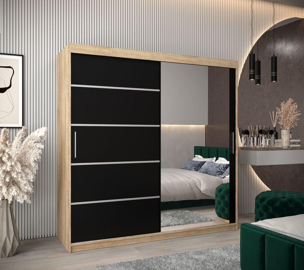 Spiegel-Kleiderschrank ADELA – 200 cm, Eiche sonoma / schwarz