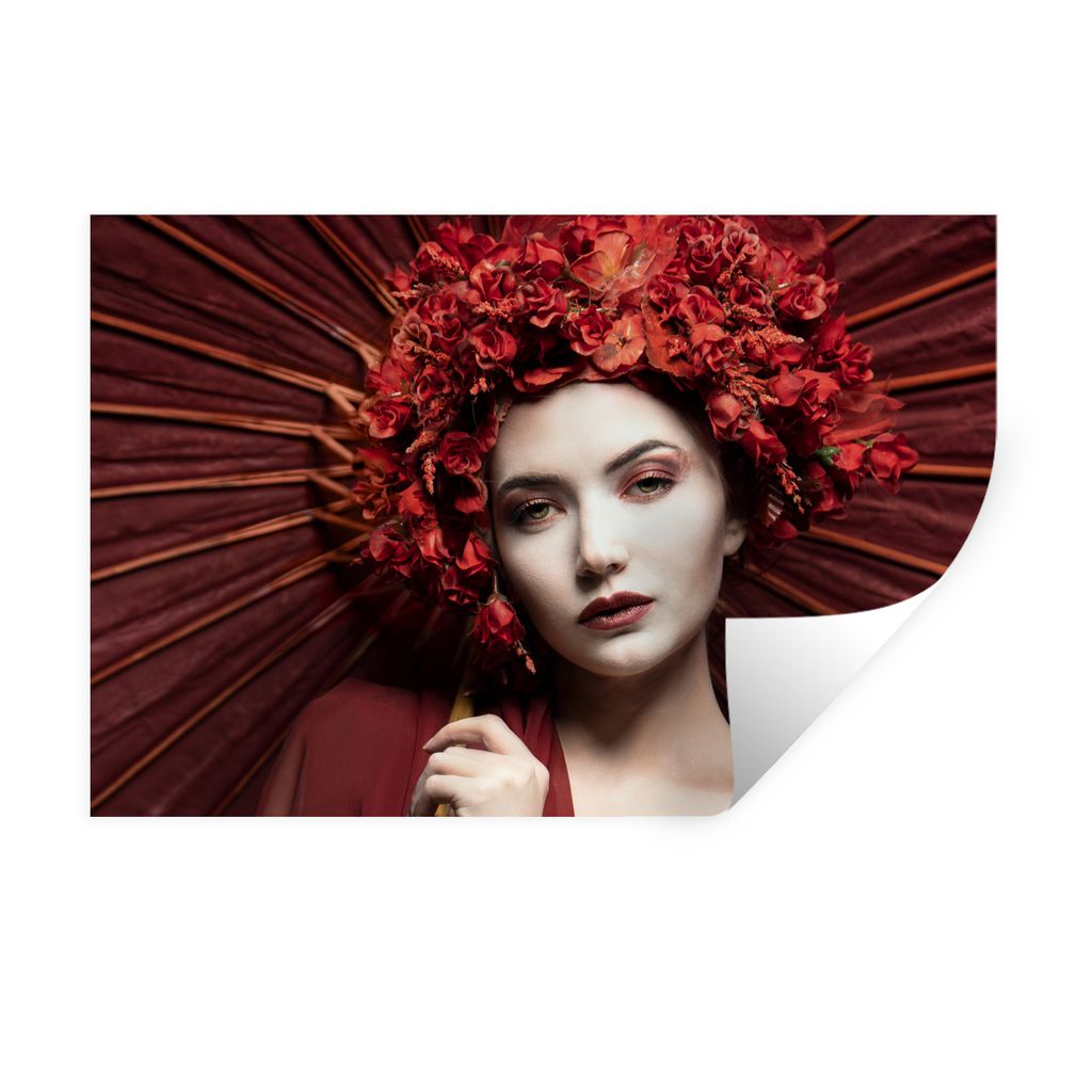 MuchoWow Wandtattoo Wandsticker Wandaufkleber Frau - Rot - Porträt - Regenschirm 30x20 cm Selbstklebend und Repositionierbar - Wierderverwendbar...