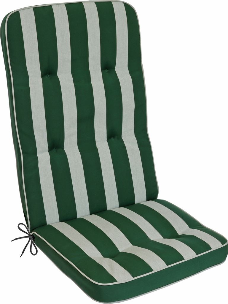 A green and white striped chair cushion on a white background.