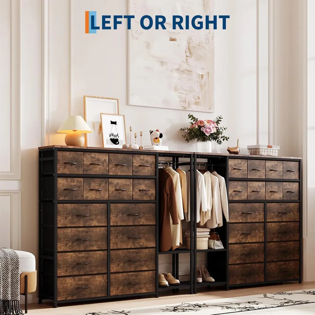 Commode 16 tiroirs avec penderie et structure métal marron robuste - 9