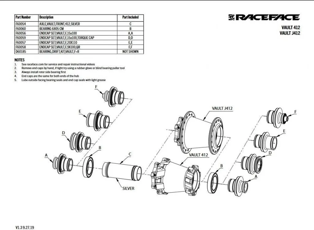 Axe de rechange Race Face Vault 412 argenté pour moyeu avant de vélo